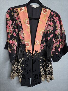 Spencer Alexis Women's Sheer Lace Kimono Jacket Top Floral Red Black Medium Boho